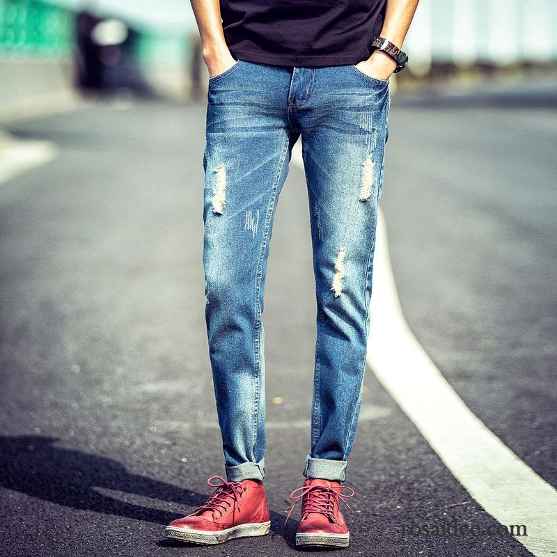 Jeans Herren Hose Löcher Trend Gerade Schlank Allgleiches Blau