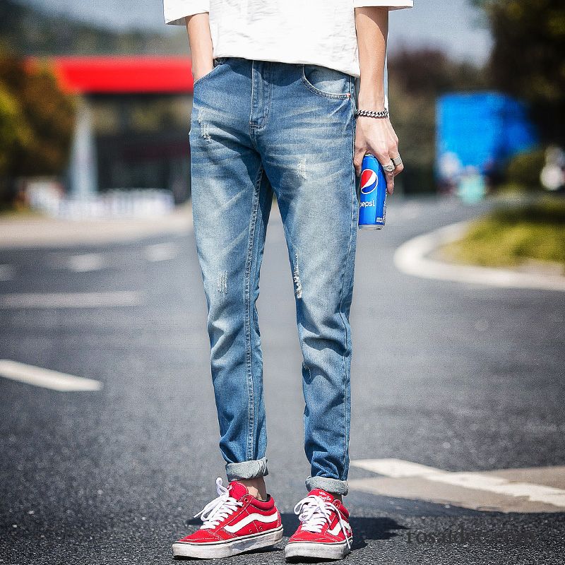 Jeans Herren Hose Löcher Trend Gerade Schlank Allgleiches Blau