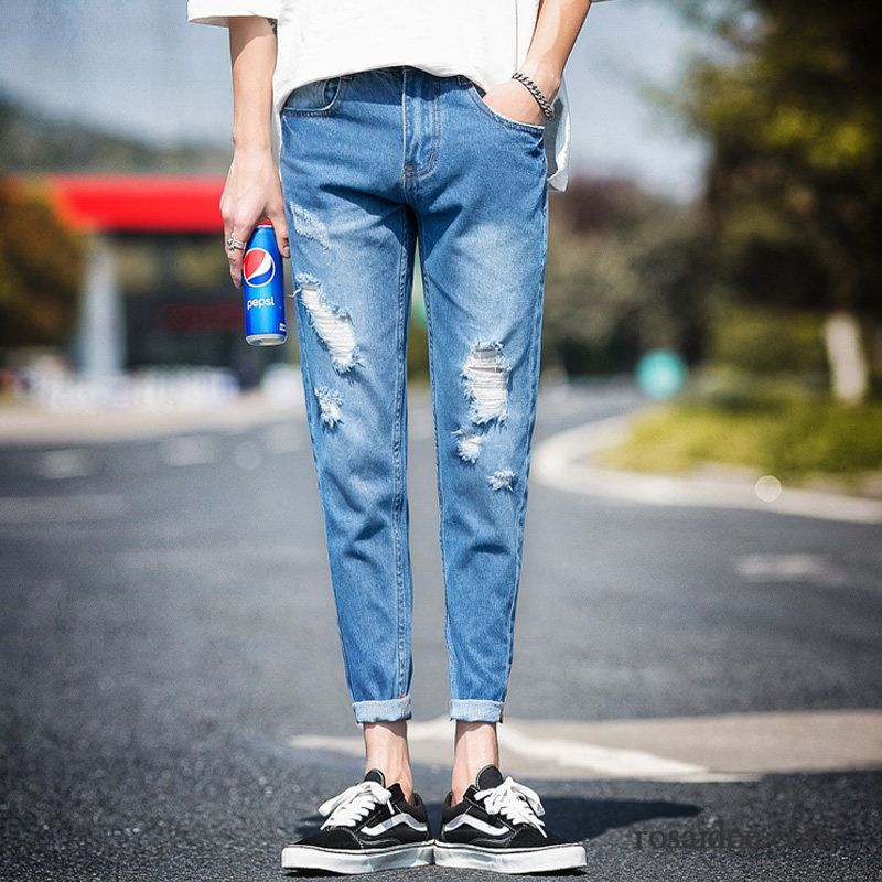 Jeans Herren Hose Löcher Trend Gerade Schlank Allgleiches Blau