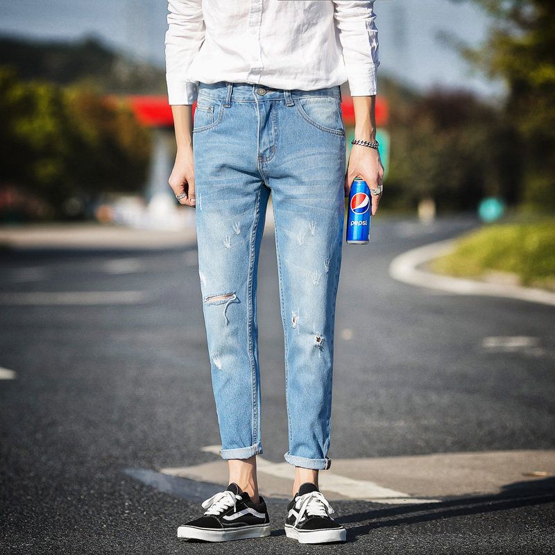 Jeans Herren Hose Löcher Trend Gerade Schlank Allgleiches Blau