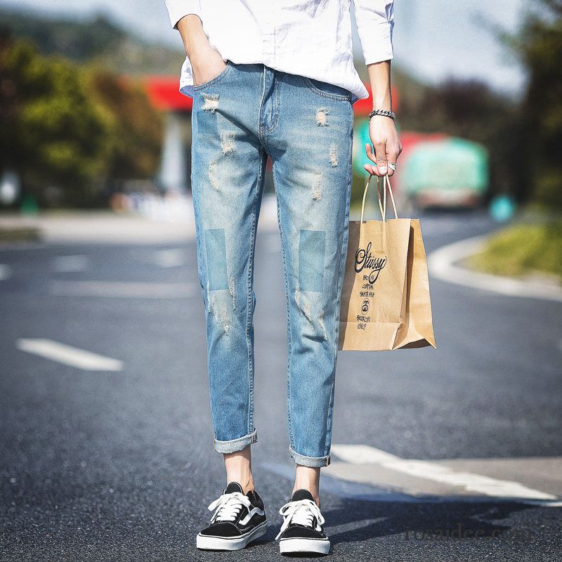 Jeans Herren Hose Löcher Trend Gerade Schlank Allgleiches Blau