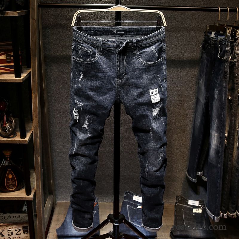 Jeans Herren Hose Trend Jugend Schlank Löcher Herbst Blau Schwarz