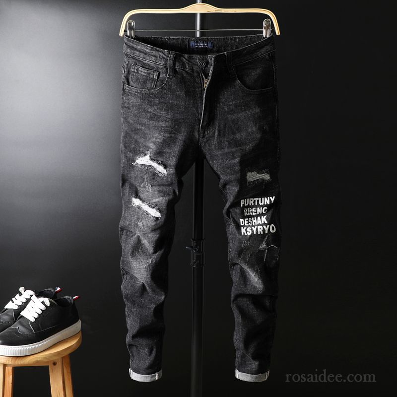 Jeans Herren Hose Trend Jugend Schlank Löcher Herbst Blau Schwarz