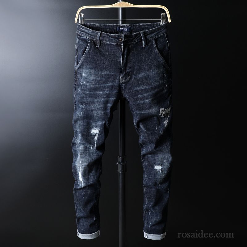 Jeans Herren Hose Trend Jugend Schlank Löcher Herbst Blau Schwarz