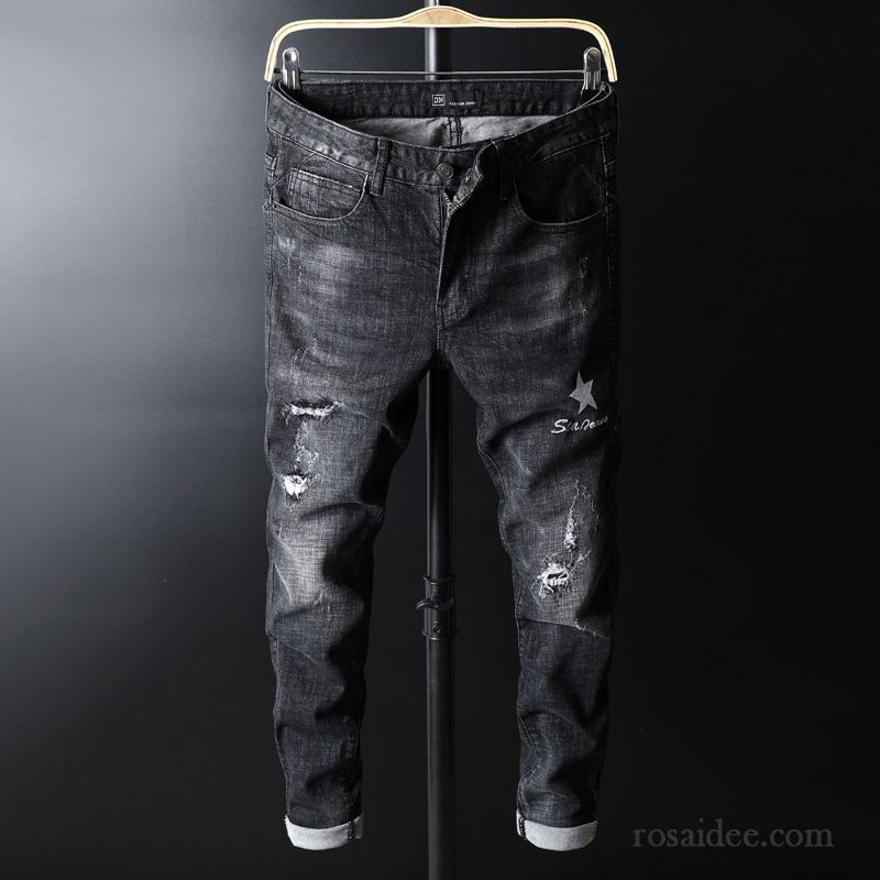 Jeans Herren Hose Trend Jugend Schlank Löcher Herbst Blau Schwarz