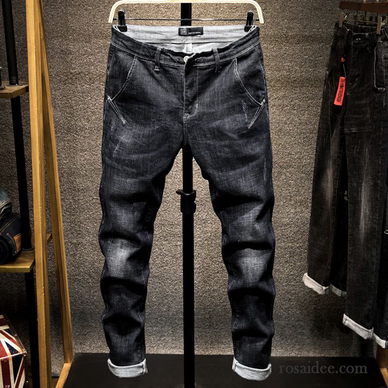 Jeans Herren Hose Trend Jugend Schlank Löcher Herbst Blau Schwarz