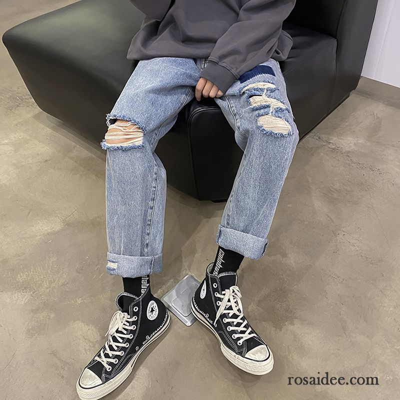 Jeans Herren Hose Trend Löcher Gerade Lose Freizeit Blau