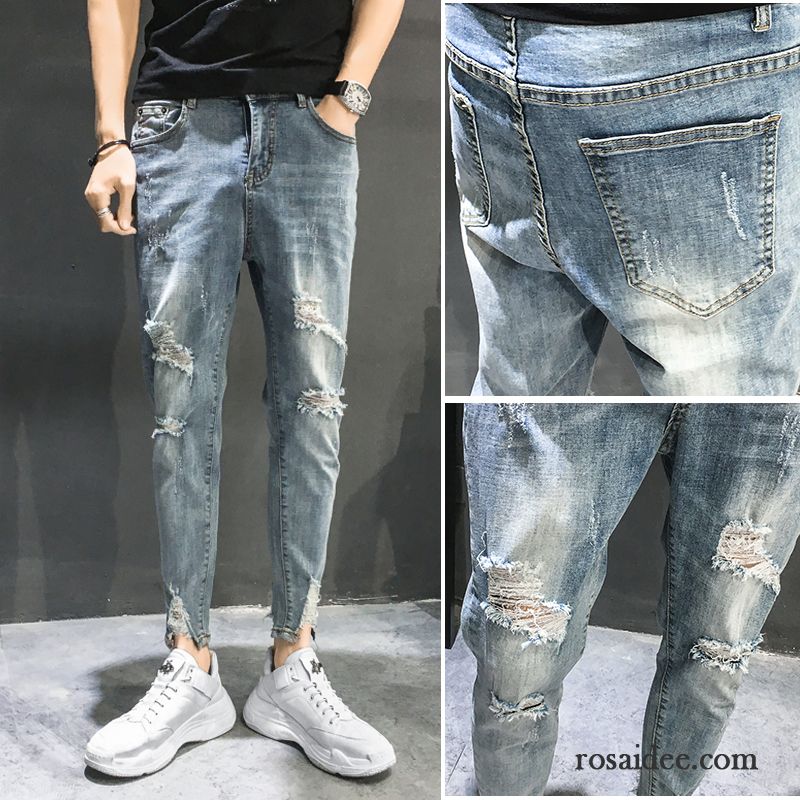 Jeans Herren Hose Trend Löcher Schlank Neunte Hose Freizeit Hellblau