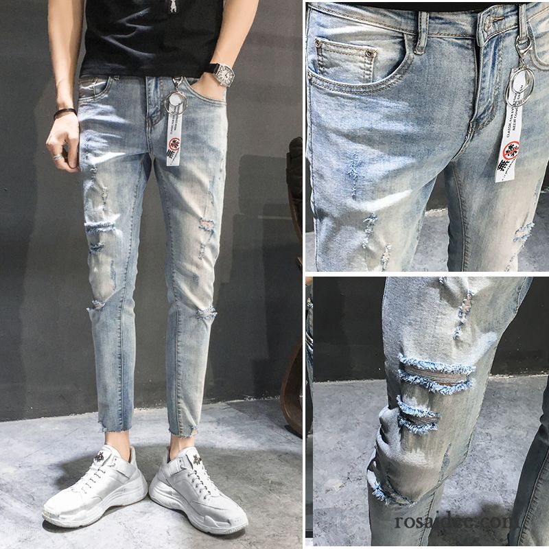 Jeans Herren Hose Trend Löcher Schlank Neunte Hose Freizeit Hellblau