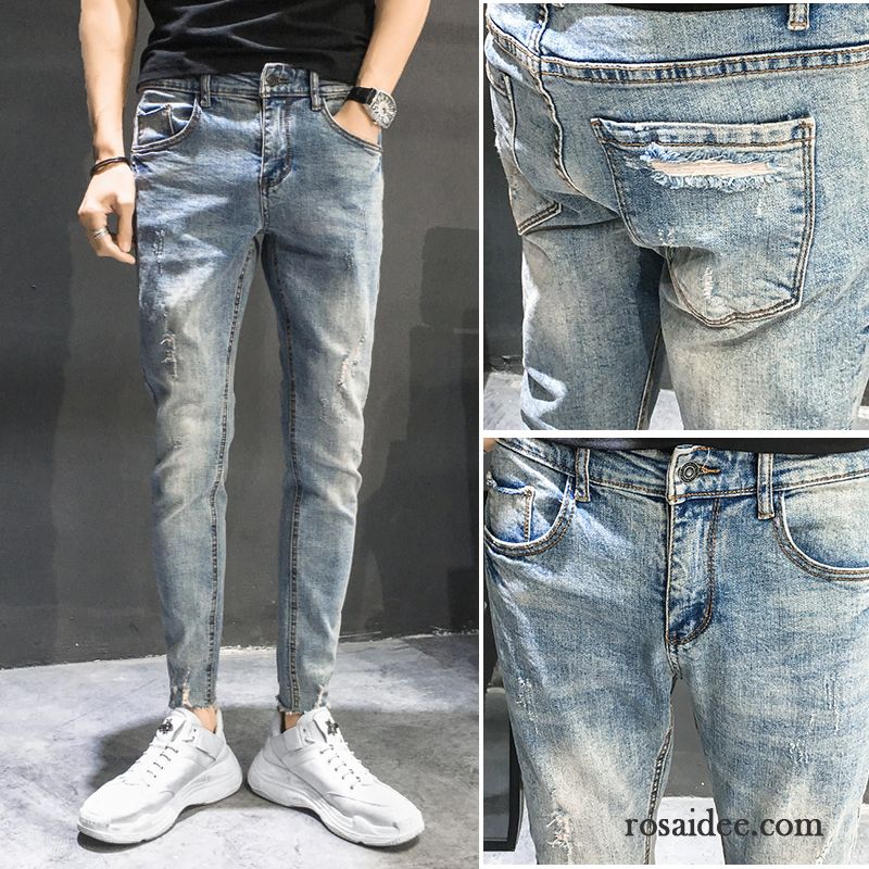 Jeans Herren Hose Trend Löcher Schlank Neunte Hose Freizeit Hellblau