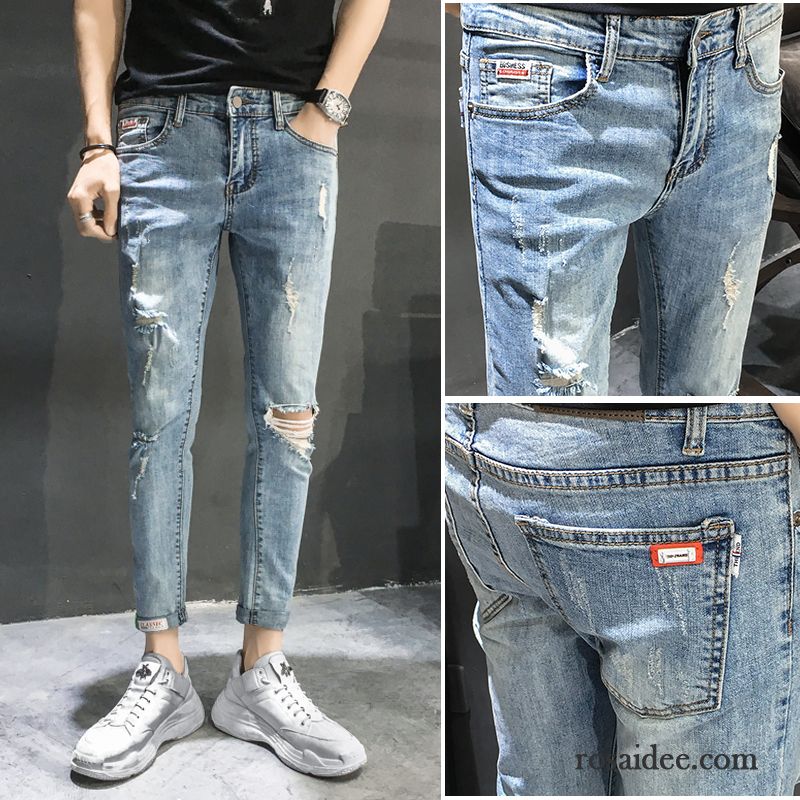 Jeans Herren Hose Trend Löcher Schlank Neunte Hose Freizeit Hellblau