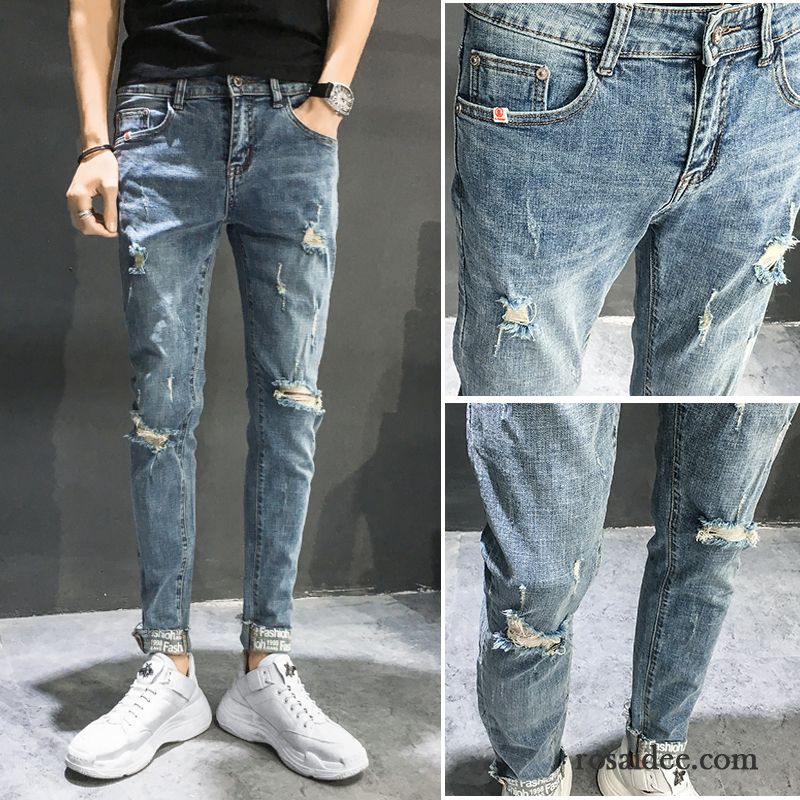 Jeans Herren Hose Trend Löcher Schlank Neunte Hose Freizeit Hellblau