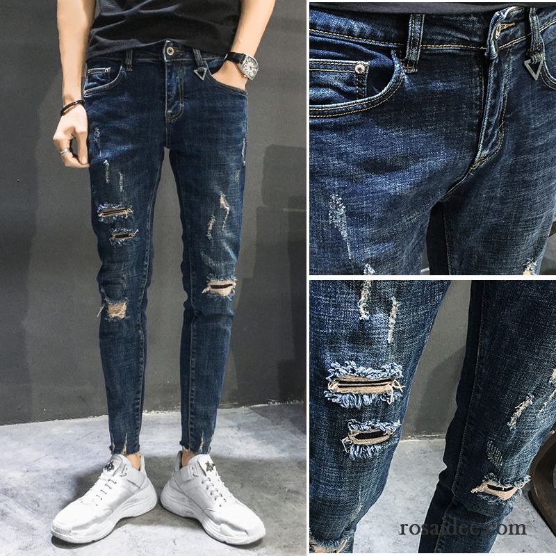 Jeans Herren Hose Trend Löcher Schlank Neunte Hose Freizeit Hellblau