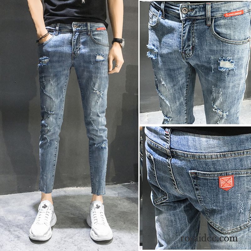 Jeans Herren Hose Trend Löcher Schlank Neunte Hose Freizeit Hellblau