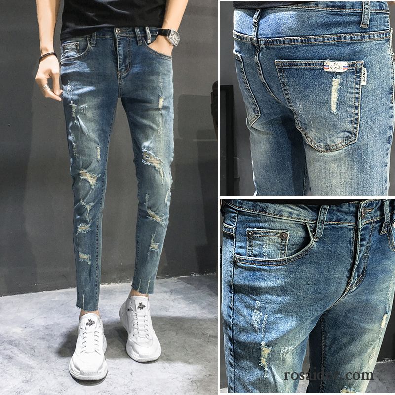 Jeans Herren Hose Trend Löcher Schlank Neunte Hose Freizeit Hellblau