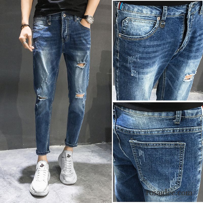 Jeans Herren Hose Trend Löcher Schlank Neunte Hose Freizeit Hellblau