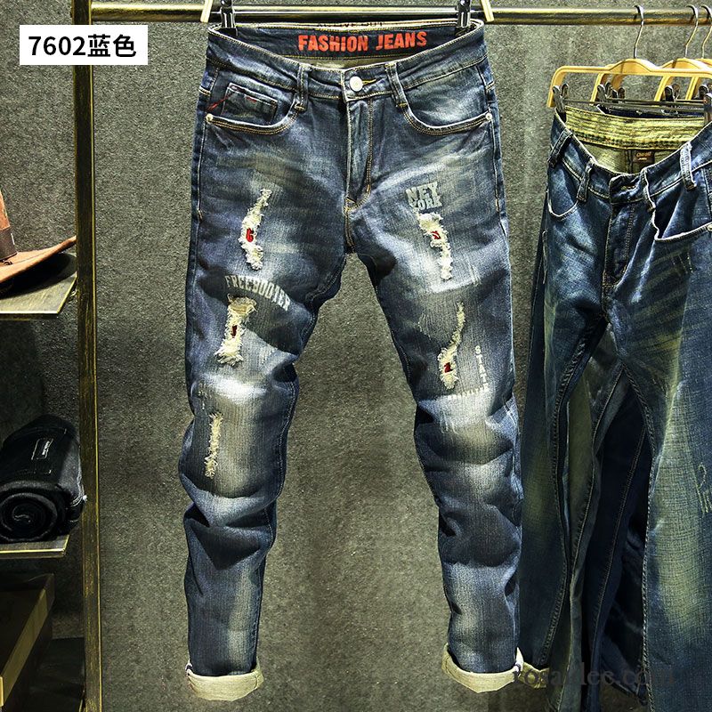 Jeans Herren Jugend Elastisch Löcher Schlank Mode Feder Blau