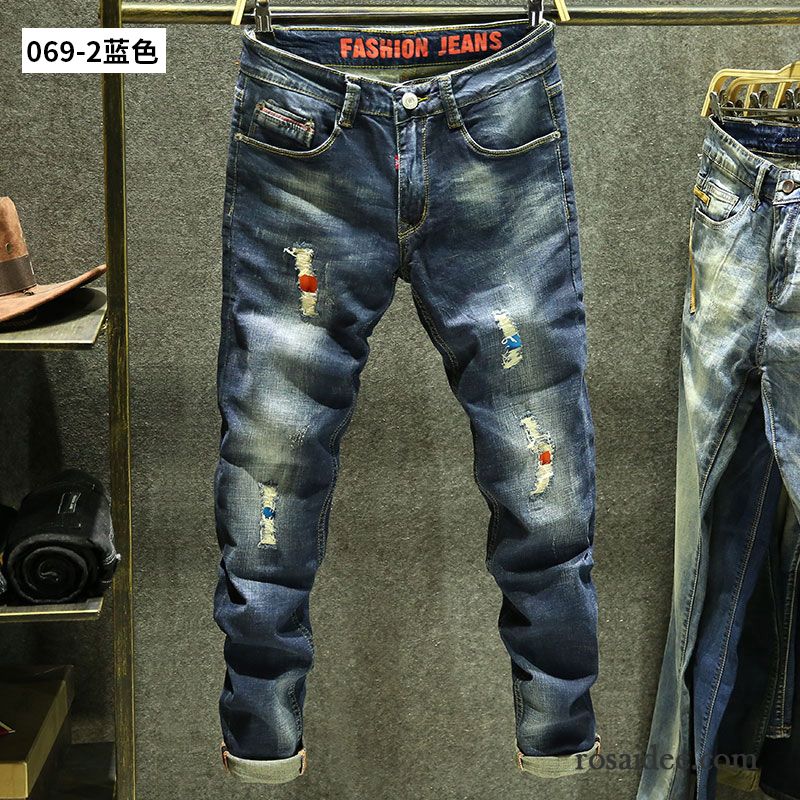 Jeans Herren Jugend Elastisch Löcher Schlank Mode Feder Blau