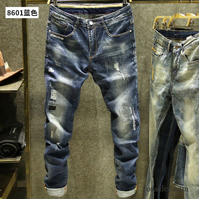 Jeans Herren Jugend Elastisch Löcher Schlank Mode Feder Blau