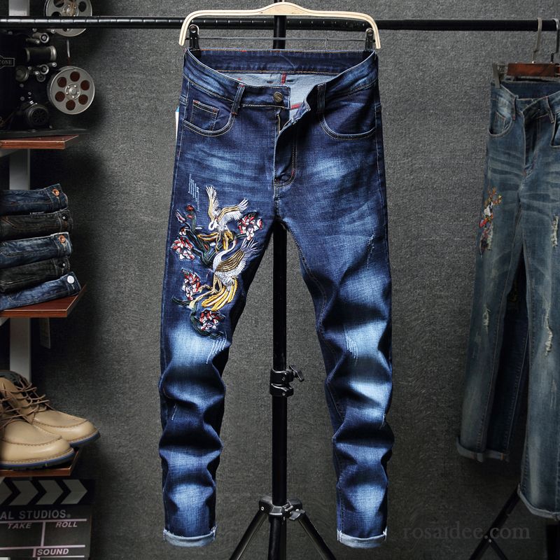 Jeans Herren Lange Blumen Sommer Dünn Chinesischer Stil Große Größe Blau