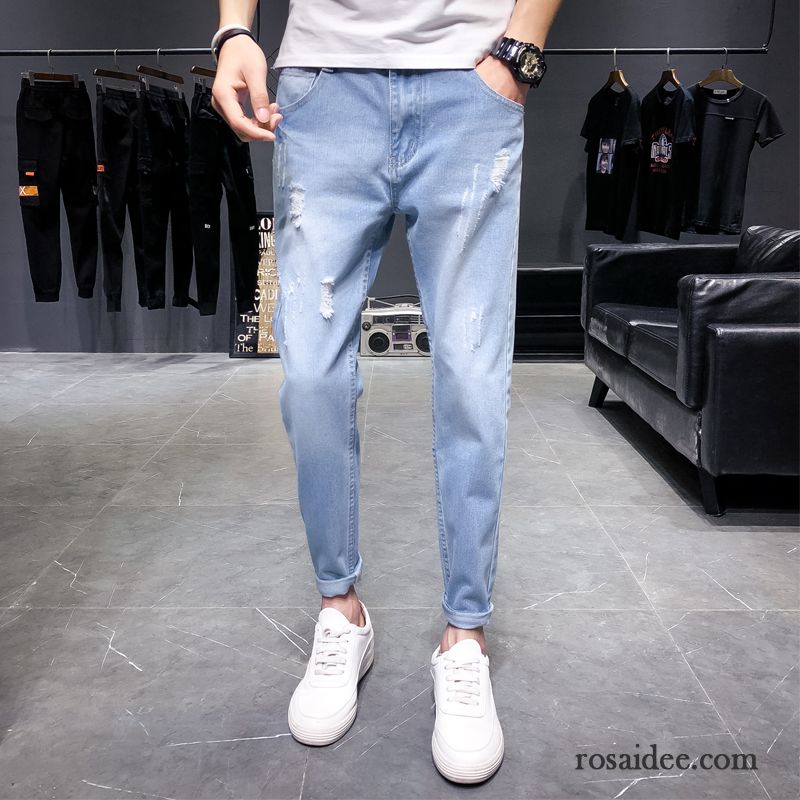 Jeans Herren Neu Lose Gerade Schlank Hose Löcher Grau