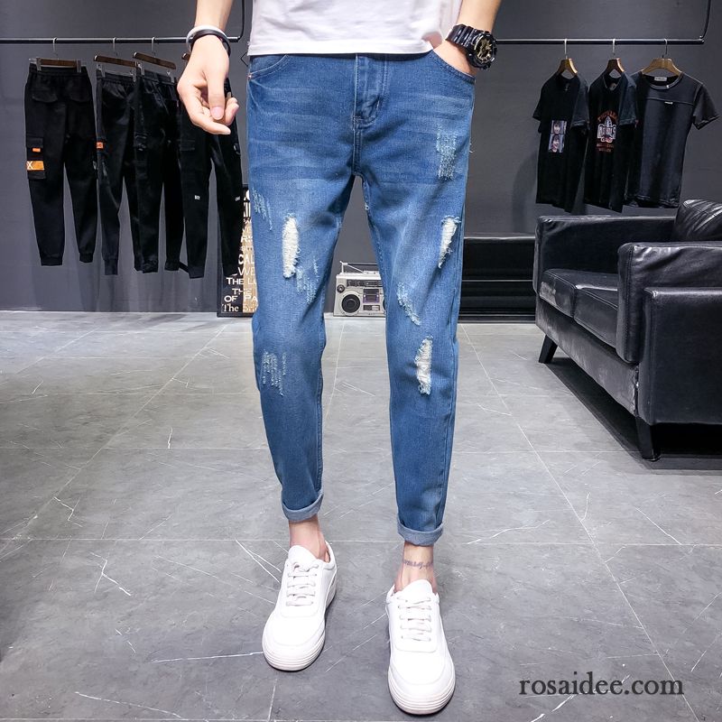 Jeans Herren Neu Lose Gerade Schlank Hose Löcher Grau