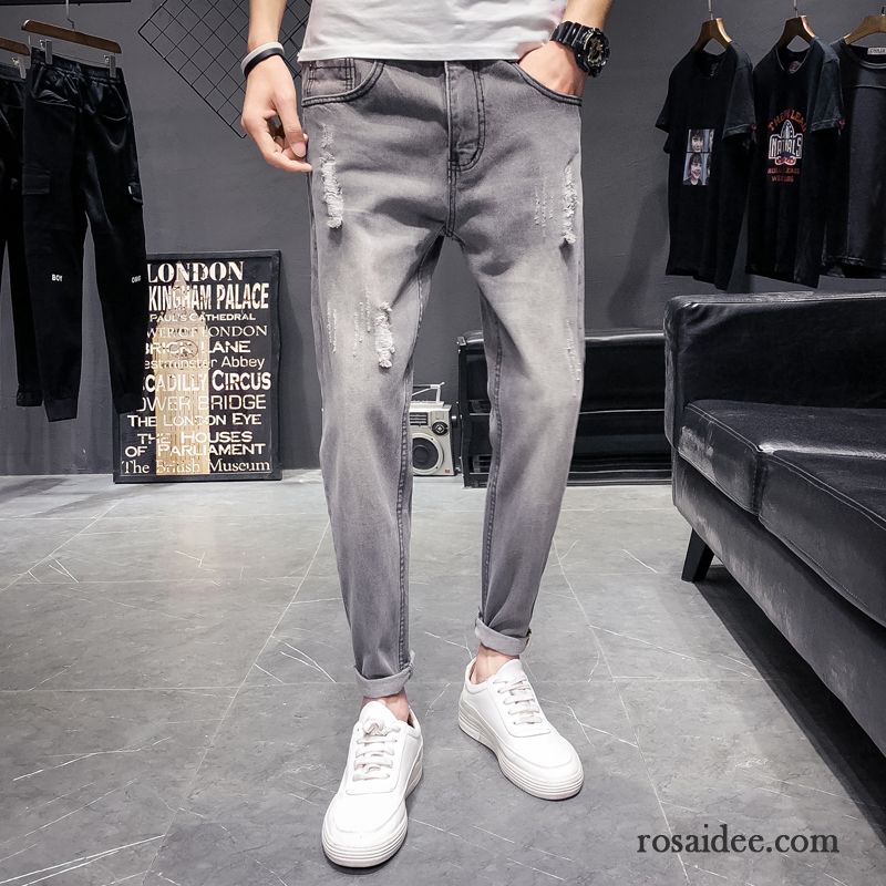 Jeans Herren Neu Lose Gerade Schlank Hose Löcher Grau