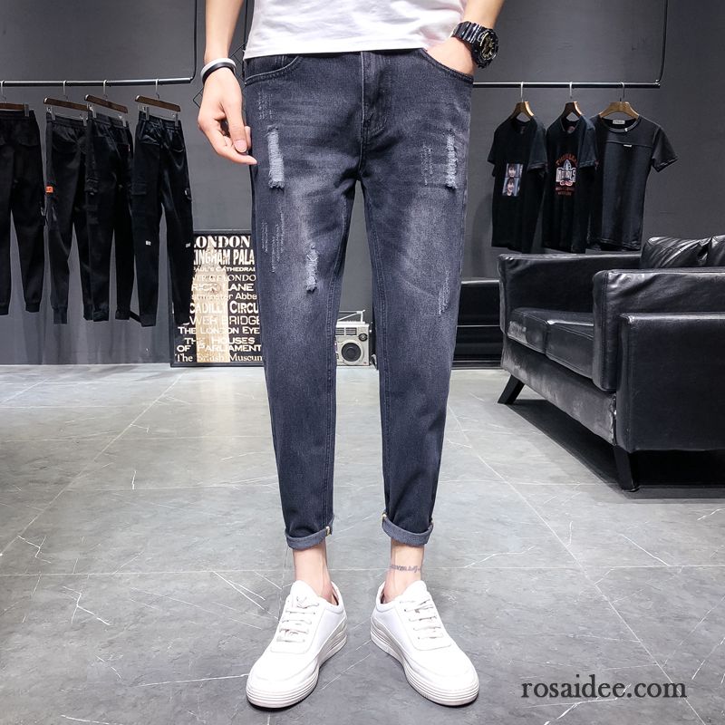 Jeans Herren Neu Lose Gerade Schlank Hose Löcher Grau