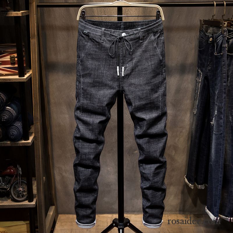 Jeans Herren Schlank Dünn Freizeit Elastisch Hose Feder Schwarz