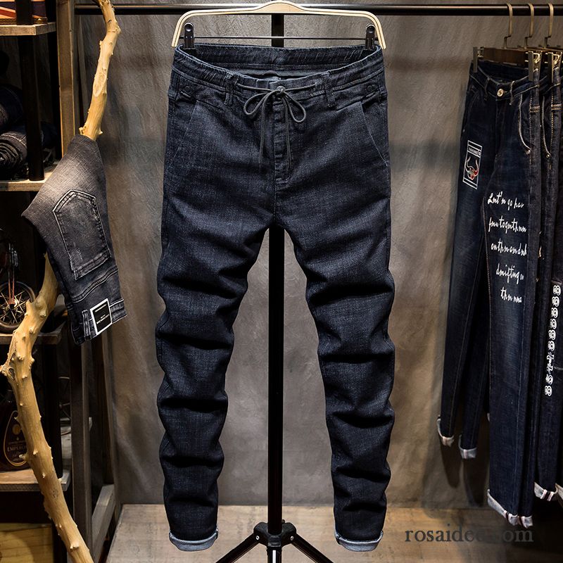Jeans Herren Schlank Dünn Freizeit Elastisch Hose Feder Schwarz