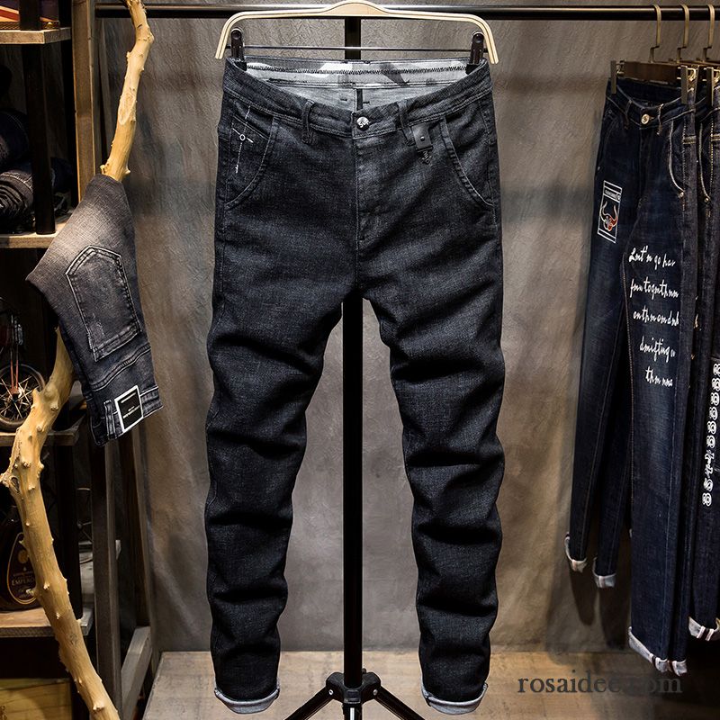 Jeans Herren Schlank Dünn Freizeit Elastisch Hose Feder Schwarz