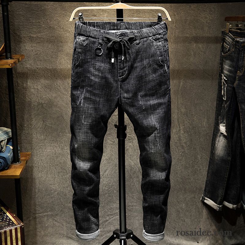 Jeans Herren Schlank Dünn Freizeit Elastisch Hose Feder Schwarz