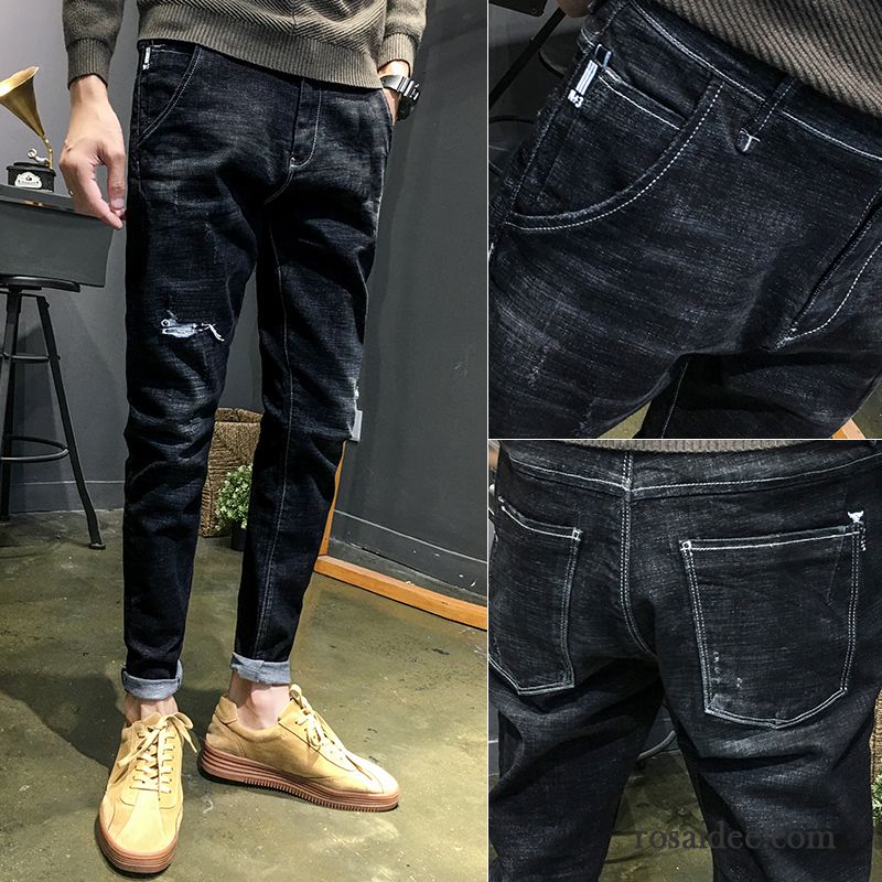 Jeans Herren Schlank Löcher Neu Elastisch Trend Feder Schwarz