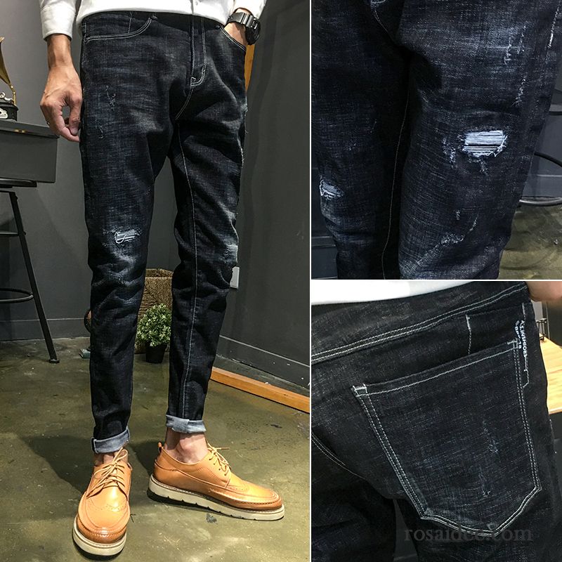 Jeans Herren Schlank Löcher Neu Elastisch Trend Feder Schwarz