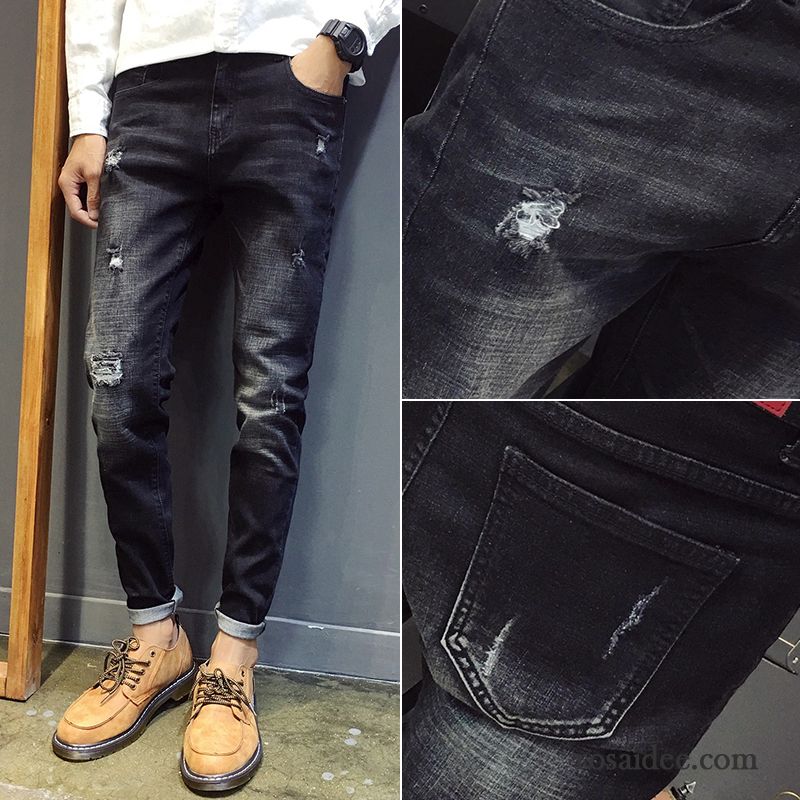 Jeans Herren Schlank Löcher Neu Elastisch Trend Feder Schwarz