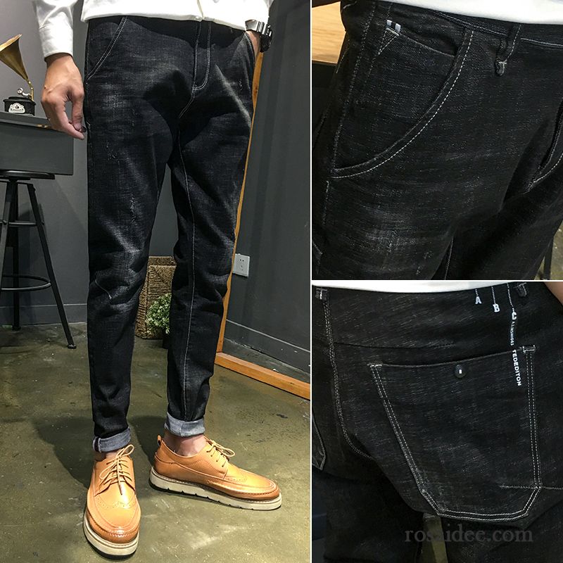 Jeans Herren Schlank Löcher Neu Elastisch Trend Feder Schwarz