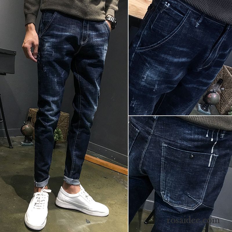 Jeans Herren Schlank Löcher Neu Elastisch Trend Feder Schwarz