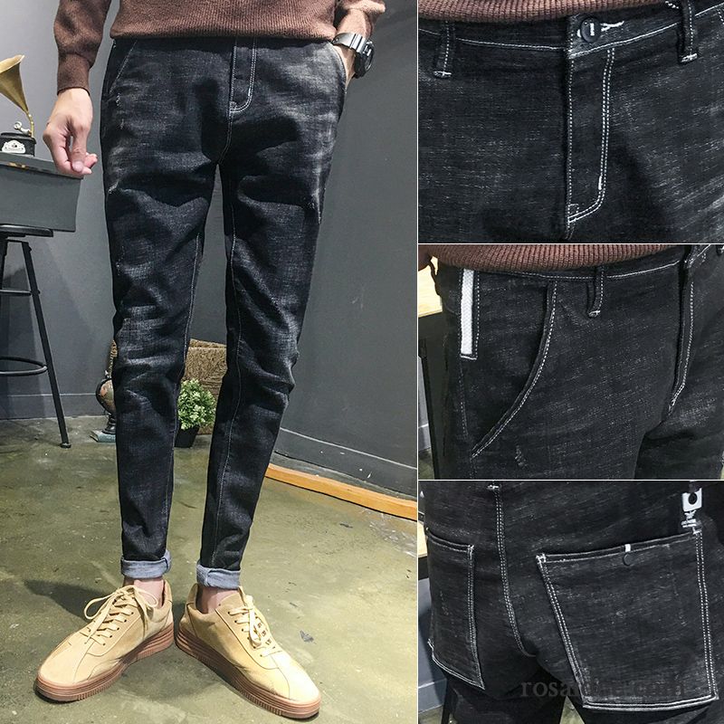 Jeans Herren Schlank Löcher Neu Elastisch Trend Feder Schwarz