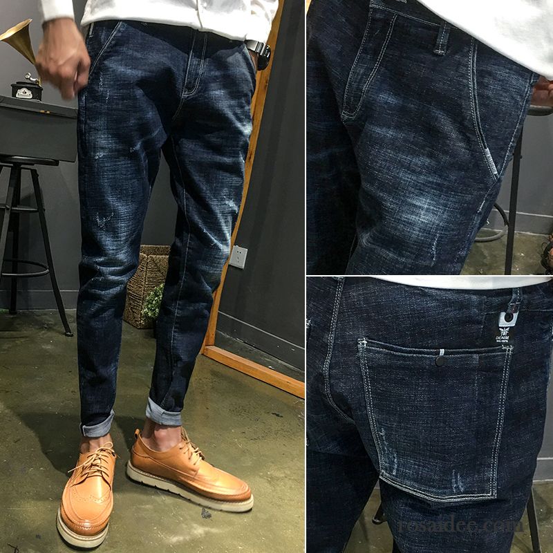 Jeans Herren Schlank Löcher Neu Elastisch Trend Feder Schwarz