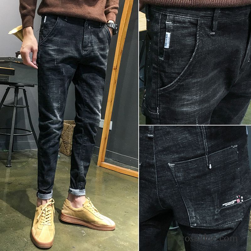 Jeans Herren Schlank Löcher Neu Elastisch Trend Feder Schwarz