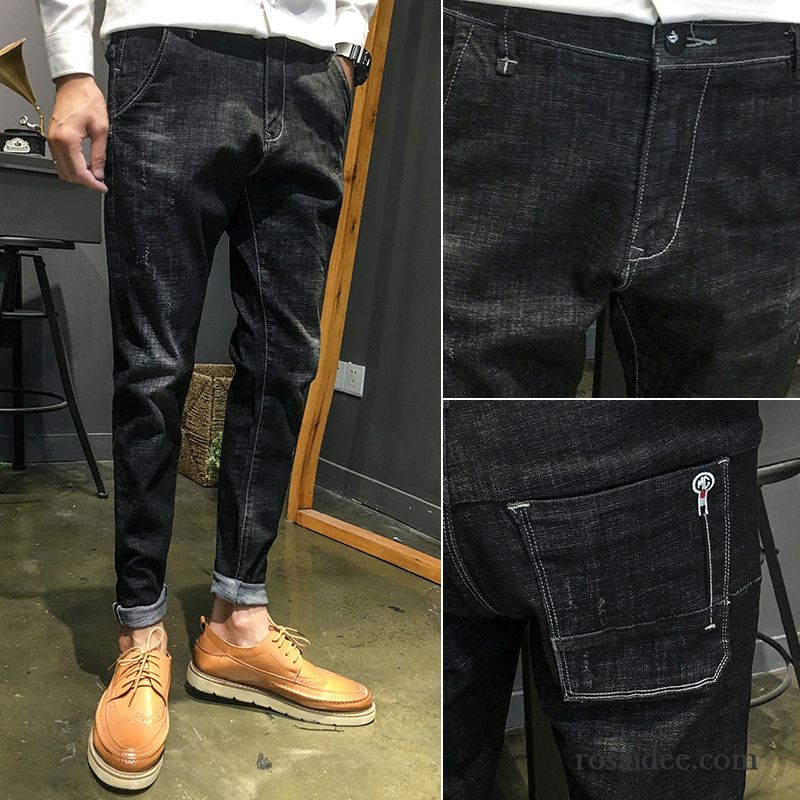 Jeans Herren Schlank Löcher Neu Elastisch Trend Feder Schwarz