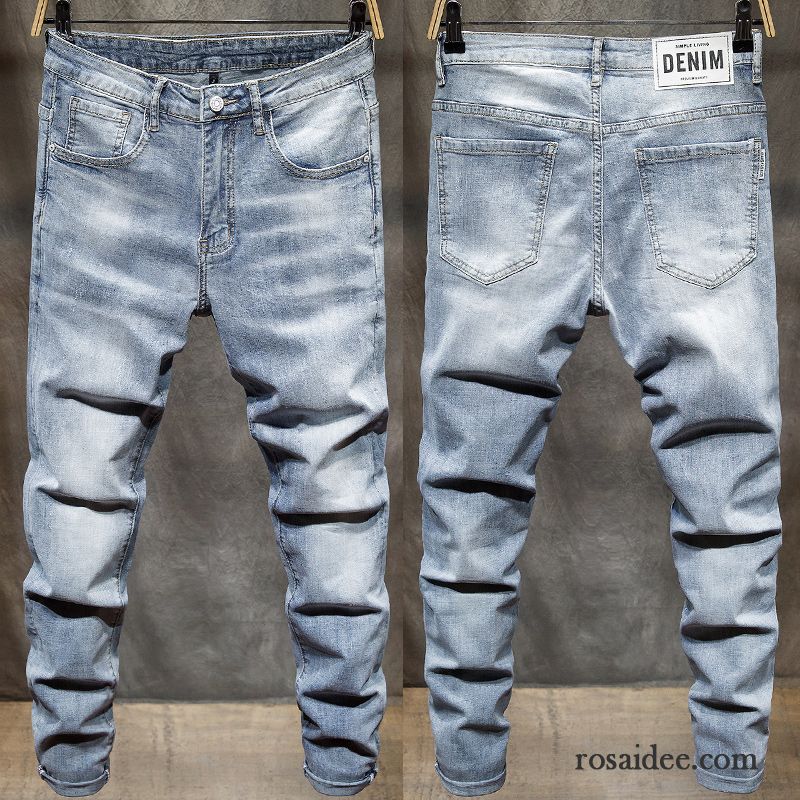 Jeans Herren Schlank Neu Löcher Schmales Bein Trend Feder Blau Hell