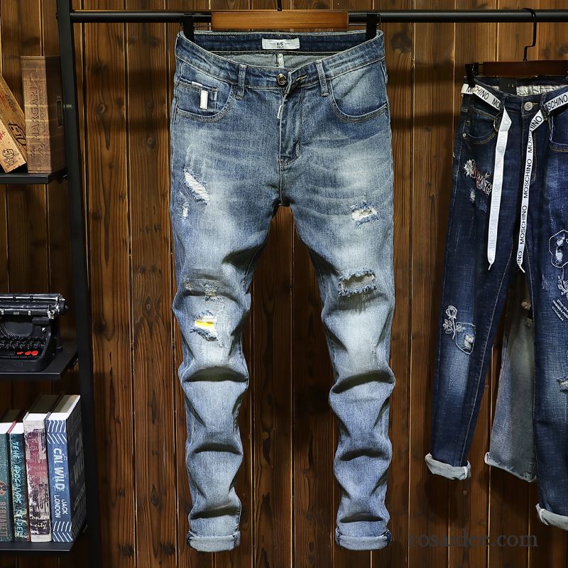 Jeans Herren Schlank Neu Löcher Schmales Bein Trend Feder Blau Hell