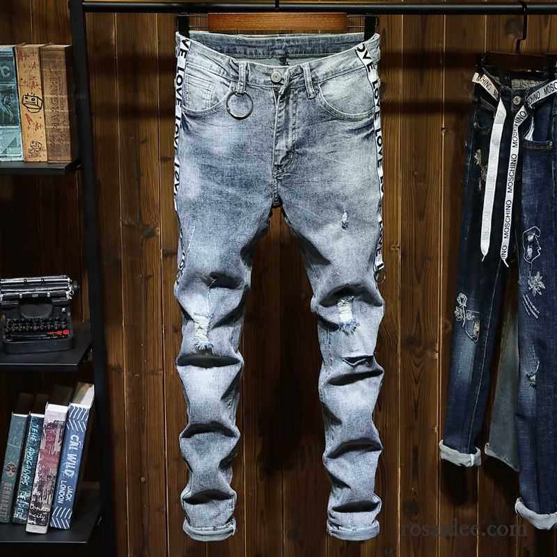 Jeans Herren Schlank Neu Löcher Schmales Bein Trend Feder Blau Hell