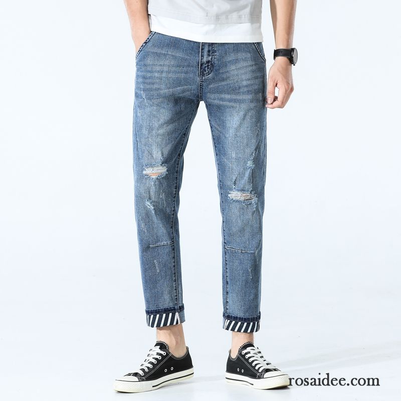 Jeans Herren Schlank Trend Gerade Lose Löcher Neunte Hose Dunkelblau