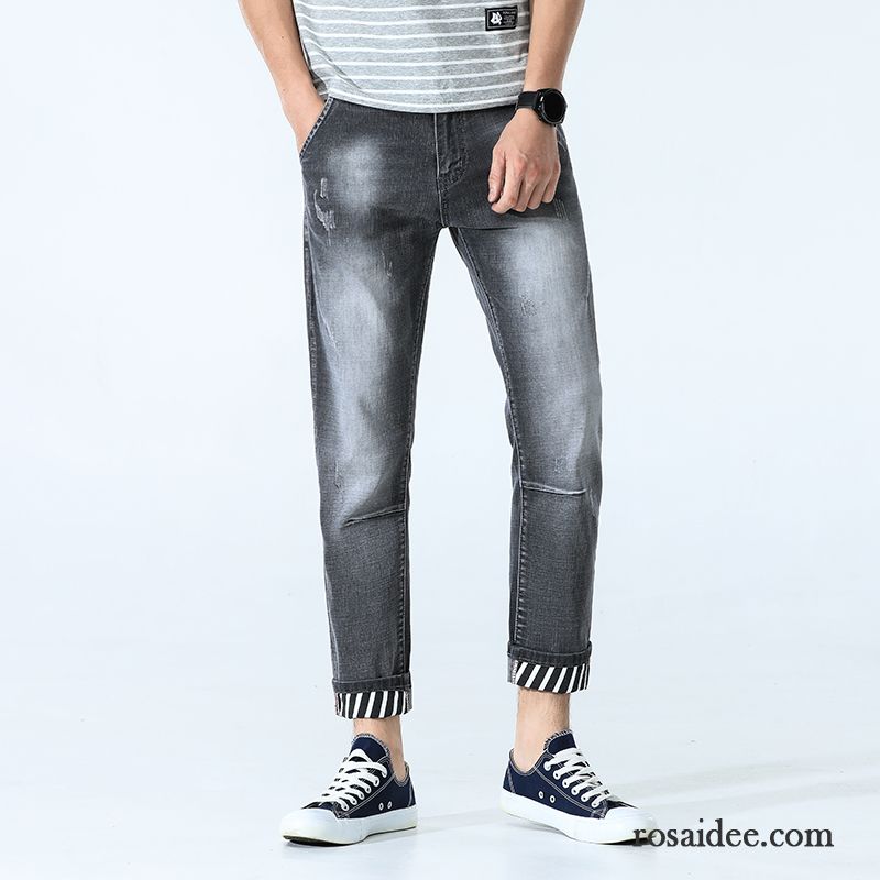 Jeans Herren Schlank Trend Gerade Lose Löcher Neunte Hose Dunkelblau