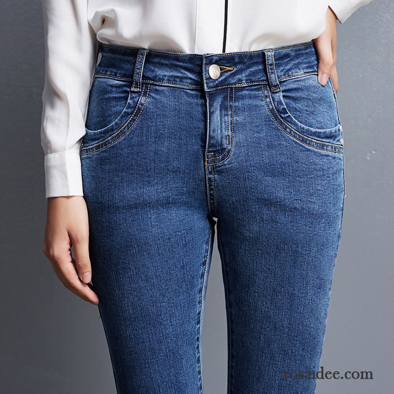 Jeans Hose Löchern Dünn Damen Große Größe Jeans Middle Waisted Fest Elastisch Schwarz Bleistift Hose Trend