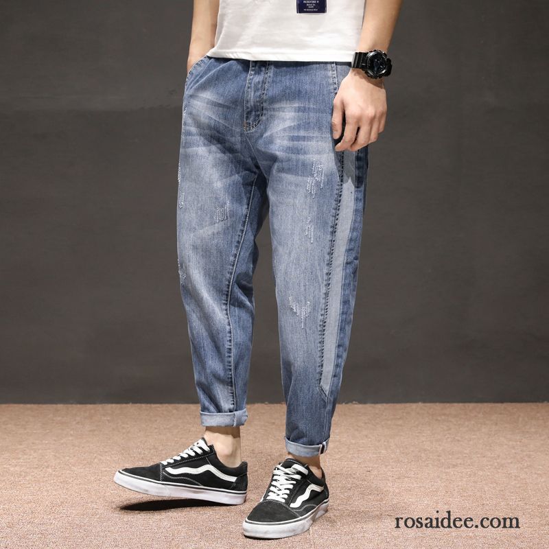 Jeans Kaufen Herren Spleißen Schüler Hose Neunte Hose Licht Große Größe Freizeit Herren Trend Lose Blau Jeans Löcher Harlan Hell Schmales Bein Günstig