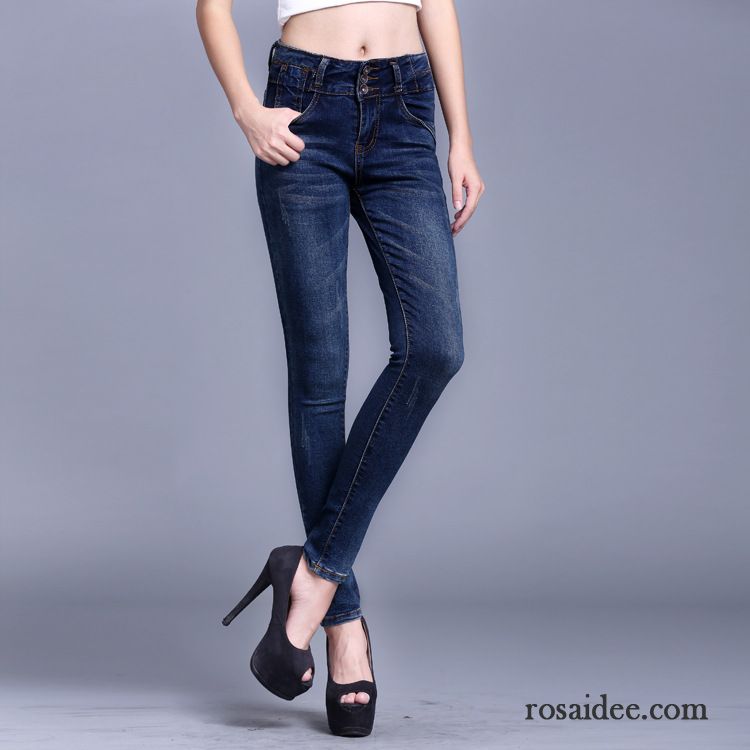 Jeans Knöpfen Damen Damen Hohe Taille Bleistift Hose Neu Große Größe Dünn Fest Schlank Jeans Elastisch Billig