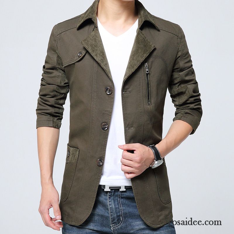 Jeansjacke Lederärmel Herren Mäntel Herbst Revers Jacke Freizeit Baumwolle Schlank Rein Herren Modisch Trend Langer Abschnitt Winter Überzieher Günstig